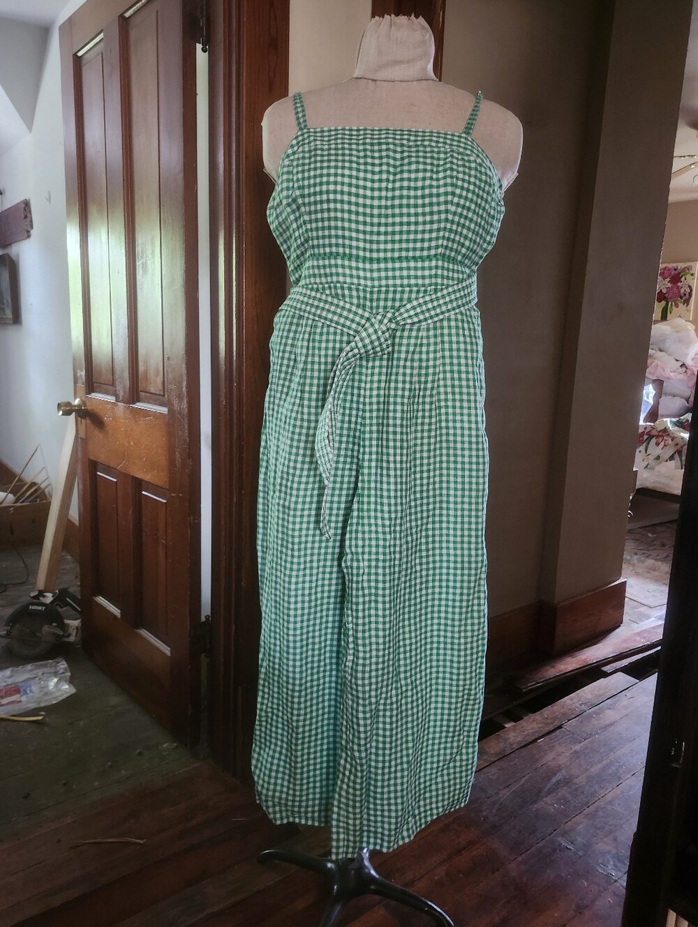 J. Crew Kelly Green And White Gingham Wide Leg Jumpsuit with Tie Detail
